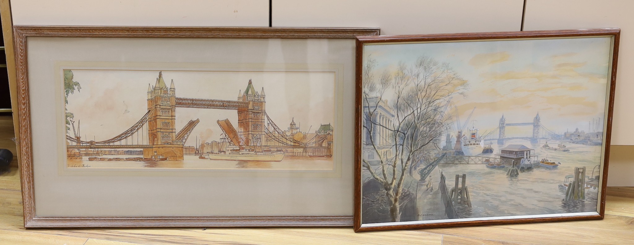 B Casson, 20th century, watercolour, Thames shipping, signed, 37 x 50cm, and John L Baker (b.1922), Tower Bridge, signed, 20 x 53cm (2)
